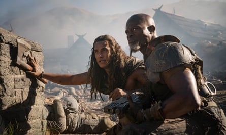 Staz Nair and Djimon Hounsou in Rebel Moon – Part Two: The Scargiver.