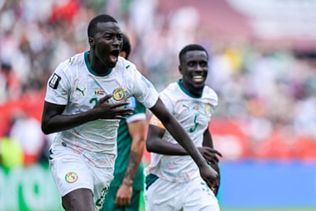 Pape Gueye celebrates during Senegal’s 5-0 rout of Iraq in Toronto