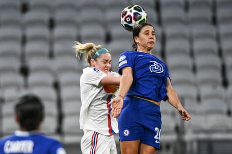 Lyon 0-1 Chelsea: Women’s Champions League quarter-final – live reaction | Women's Champions League | The Paradise Sam Kerr heads the ball in Lyon box.