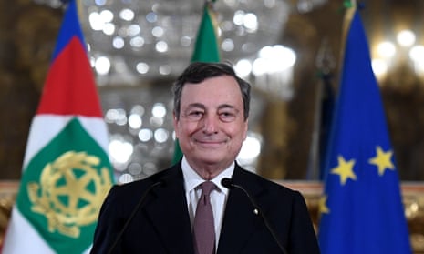 Mario Draghi addressing the media to announce his list of ministers after a meeting with Italian president Sergio Mattarella.