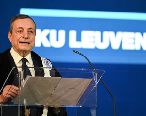 Former Italian prime minister Mario Draghi delivers a speech after being receiving an honorary doctorate form the KU Leuven university during an award ceremony in Leuven, Belgium.