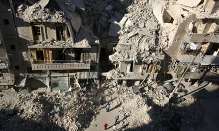 Rubble after an airstrike in Tariq al-Bab, Aleppo