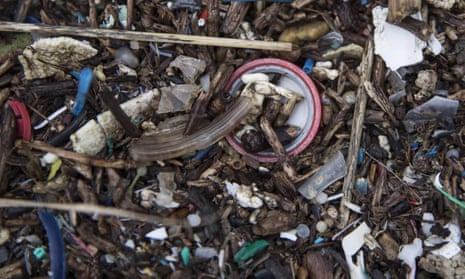 Plastics and other detritus line the shore of the Thames Estuary in Rainham, Kent