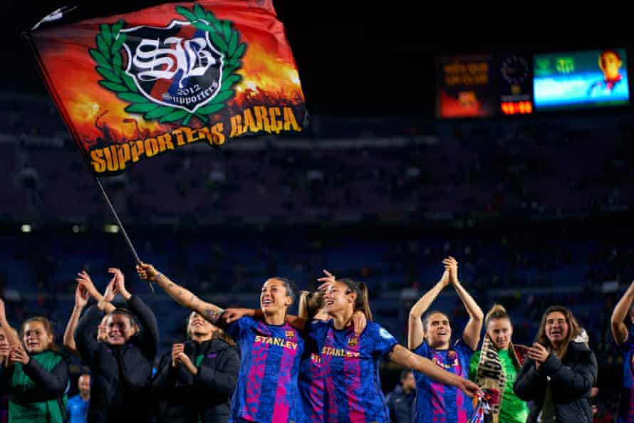Barcelona players celebrate with the fans after the UEFA Women’s Champions League Quarter Final Second Leg victory over Real Madrid.
