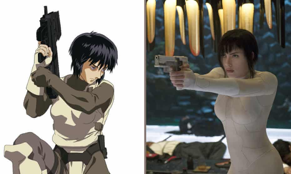 Whitewash? Scarlett Johansson in Ghost in the Shell (right) and her character in the original anime movie. 