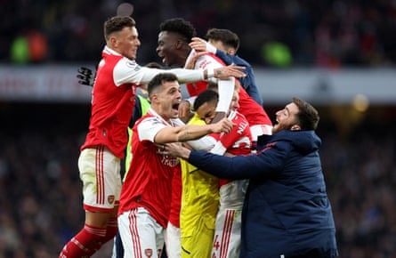 Arsenal celebrate the Reiss Nelson goal that grabbed a 3-2 comeback win against Bournemouth in March 2023.