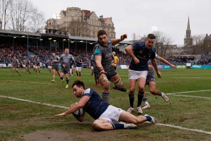 Hugo Keenan touches down for a try during the January rout of Bath.