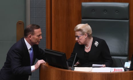 Tony Abbott talks to Bronwyn Bishop during question time on 30 September 2014. On Sunday the prime minister announced Bishop was stepping down as Speaker. 