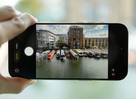 The camera app on an iPhone Air shooting a photo of canal boats.