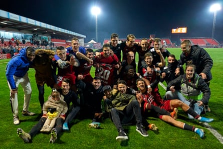 Andoni Iraola’s Mirandés celebrate their Copa del Rey win against Villarreal in February 2020.