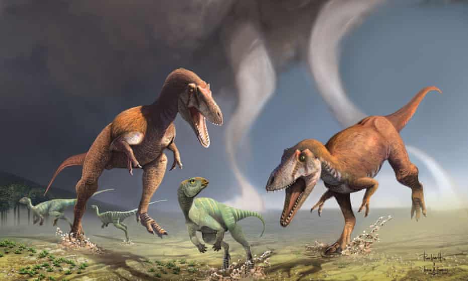 An artist’s impression of a pair of Gualicho dinosaurs pursuing prey. 
