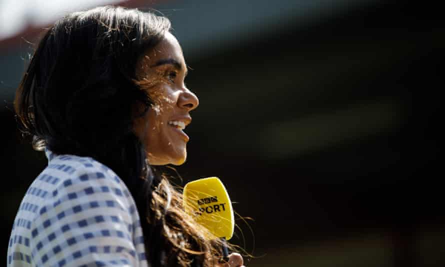 Alex Scott’s year in TV: ‘I was presenting when Christian Eriksen collapsed – it was about being honest in the moment’ | Television & radio 1 Alex Scott holding a BBC Sport microphone