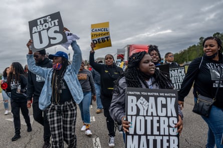 Marchers chant during the Black Voters Matter’s 57th Selma to Montgomery march on 9 March 2022 in Selma, Alabama.