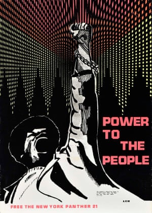 Power to the People, 1969 Designer Unknown This poster is designed in the psychedelic style, visually referencing the drug-fueled counterculture movement of the time. The triumphant figure’s raised fist is thrust between repeated silhouettes of the Chrysler Building in New York, an identifiable icon of the city impacted by the case of the Panther 21.