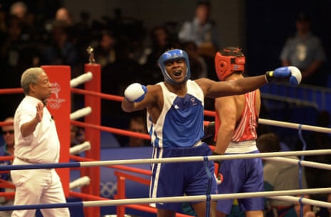 Audley Harrison celebrates victory over Mukhtarkhan Dildabekov of Kazakhstan to take gold at the 2000 Olympics in Athens