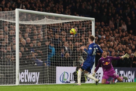 Cole Palmer, who scored in the first half, puts the ball over the open goal late on against Leeds