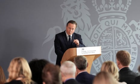 British Foreign Secretary Lord Cameron delivers a speech at the National Cyber Security Centre in London.