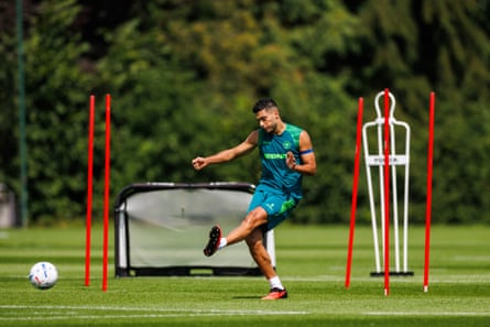 Raul Jimenez of Wolverhampton Wanderers passes the ball during a training session.