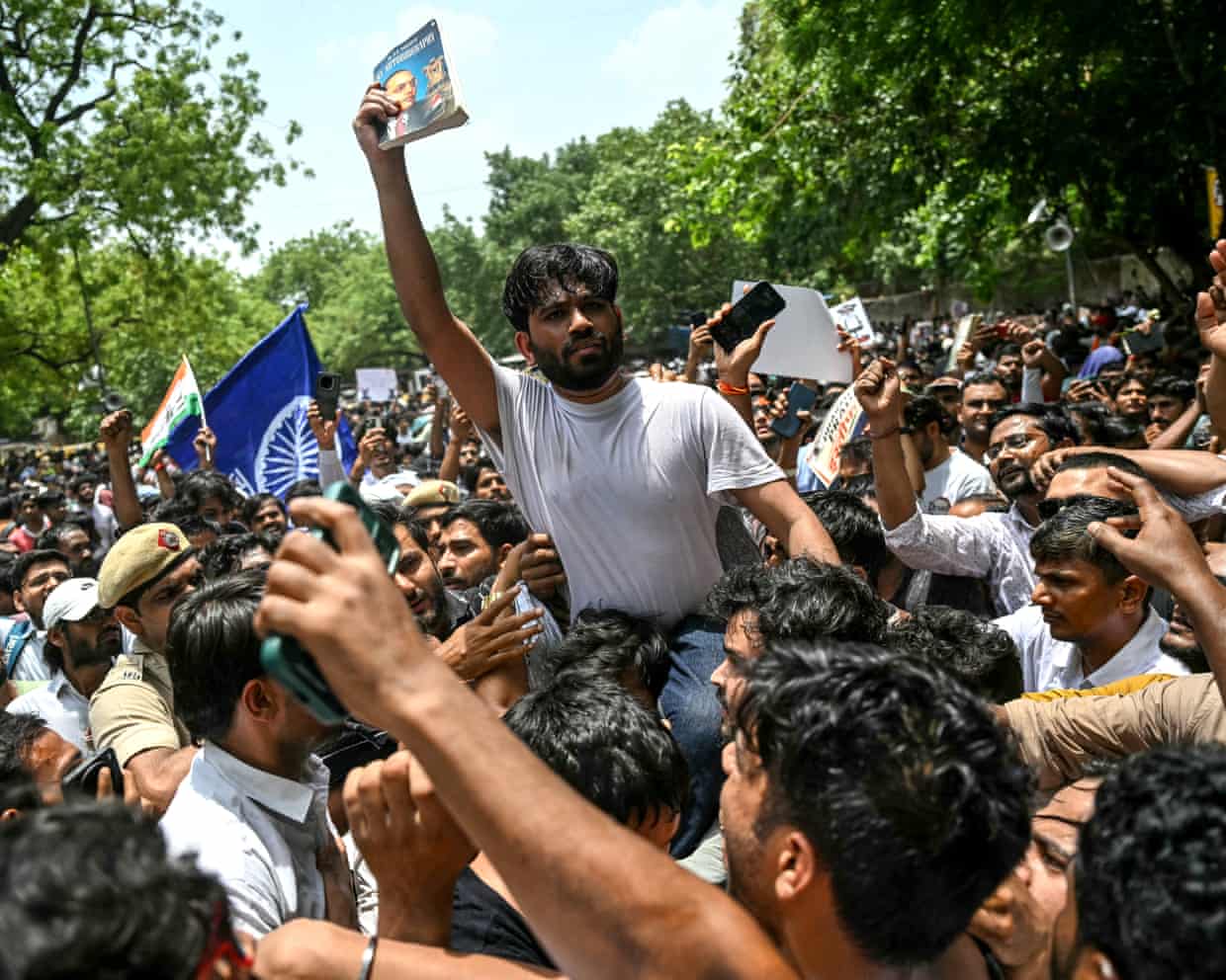 Cockroach Janta Party (CJP) founder Abhijeet Dipke at a protest against leaked exam papers, as young people in India face soaring rates of unemployment.