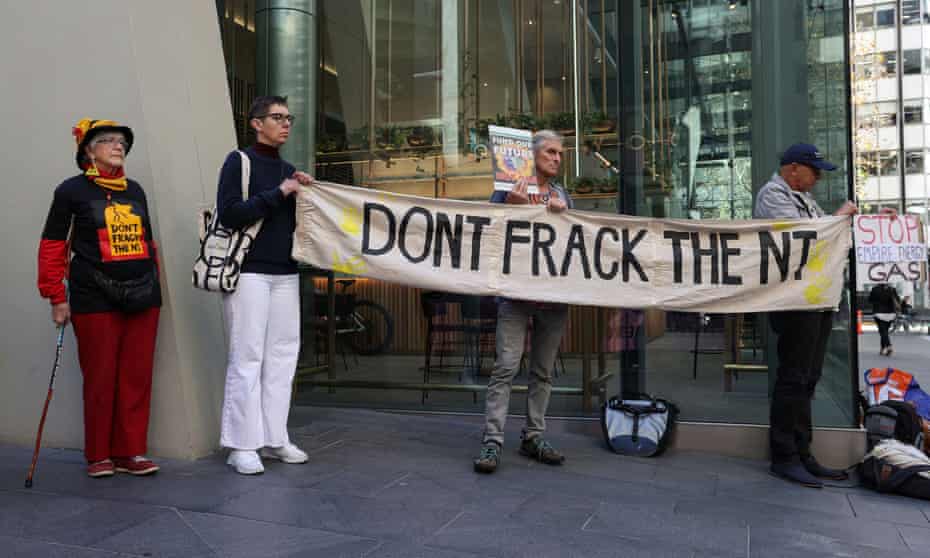 Environmental and First Nations activists protest against proposed fracking plans in the Northern Territory's Beetaloo Basin, outside the Empire Energy offices in Sydney in May