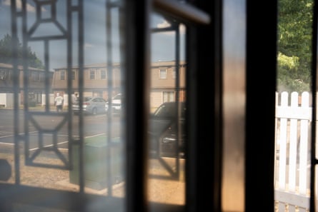 Apartment buildings seen through a door