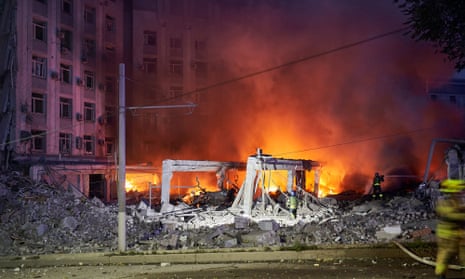 Ukrainian firefighters put out a blaze in Dnipro.