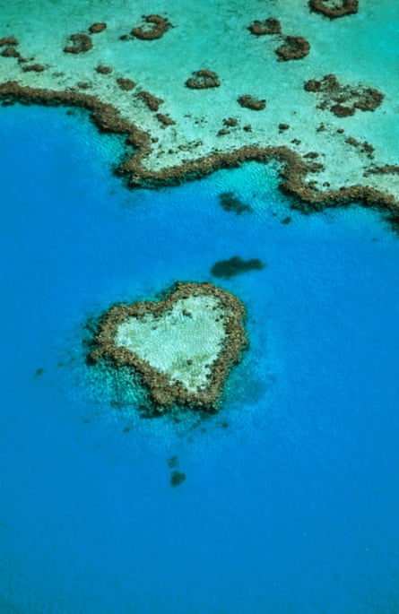A small coral reef shaped like a heart lies off a larger reef
