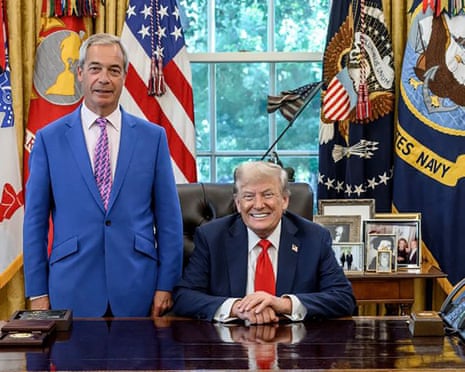 Farage standing by next to a seated Trump both looking at camera