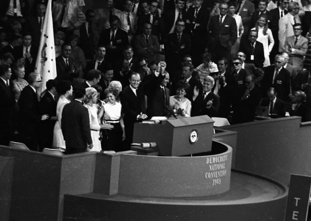 On the last night of the convention, after winning the Democratic nomination, Hubert Humphrey, left, introduces his choice for candidate for VP, Edmund Muskie, right.