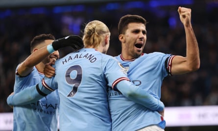 Rodri (right), who scored the first goal, celebrates after Ilkay Gündogan had put Manchester City 2-0 up