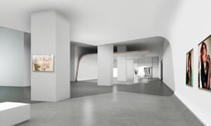 Artist’s impression, by MET Studio Design, of an interior at the Museum of Modern and Contemporary Art in Nusantara (Museum MACAN) in Jakarta, Indonesia. There is a grey marbled floor and smooth white walls with colourful portraits on the walls.