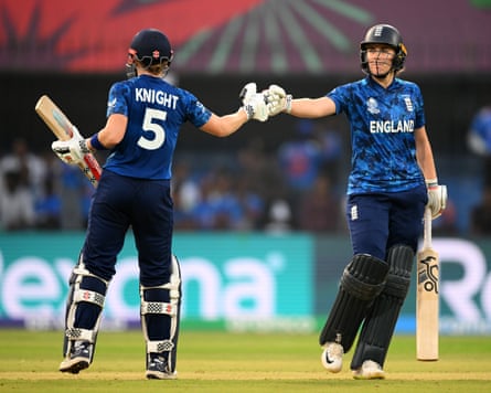 England’s Heather Knight and Nat Sciver-Brunt bat together against India