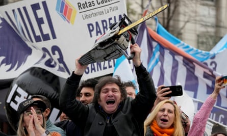 Javier Milei brandishes a chainsaw during a rally in La Plata in September.