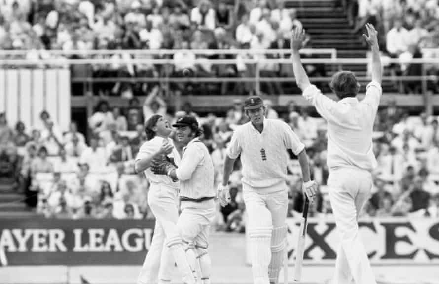 England allrounder Tony Greig, second from right, starts to walk after being caught by Keith Stackpole off Ashley Mallett for 16 during the first day’s play in the fifth and final Test match between England and Australia at the Oval in London in 1972.