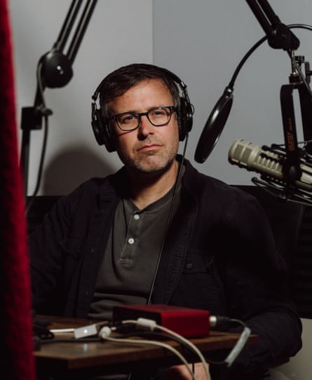 man with microphone setup and headphones