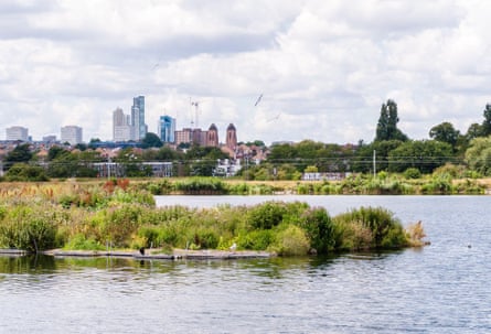 View of distant skyscrapers and towers across a lake.