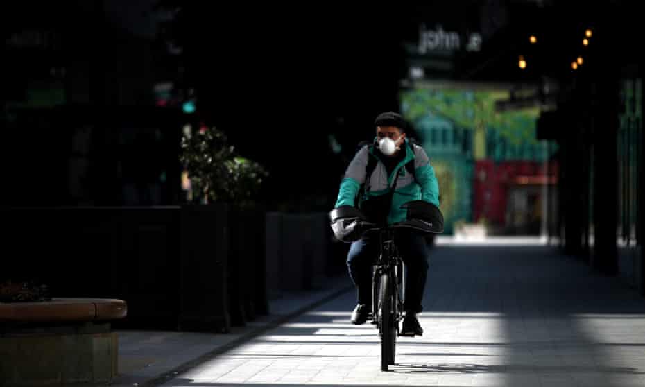 UK Remains On Lockdown Due To Coronavirus As Infection Rate Appears To SlowLONDON, ENGLAND - APRIL 07: A Deliveroo cyclist wearing a mask makes his way through the Westfield Stratford Shopping Centre on April 07, 2020 in London, England. There have been around 50,000 reported cases of the COVID-19 coronavirus in the United Kingdom and 5,000 deaths. The country is in its third week of lockdown measures aimed at slowing the spread of the virus. (Photo by Alex Pantling/Getty Images)