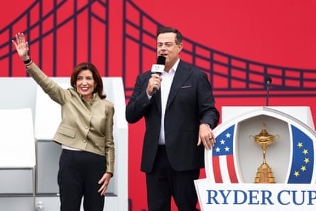 New York state’s governor Kathy Hochul waves to fans at the Ryder Cup opening ceremony.