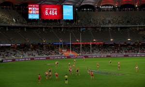 A crowd attendance of 6,464 is displayed during round 12 AFL match between the Sydney Swans and the GWS Giants at Optus Stadium, Perth, Thursday, August 13, 2020.