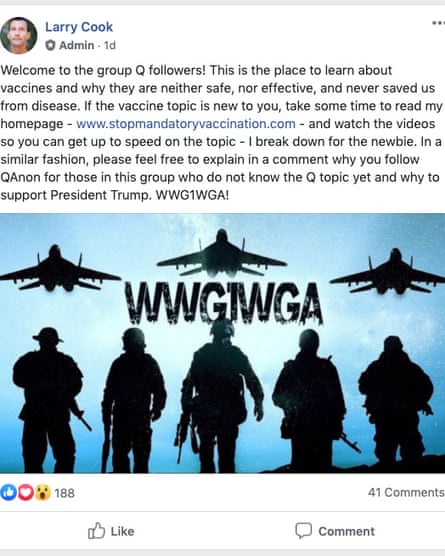 A prominent anti-vaccine propagandist appeals to QAnon followers. WWG1WGA is a QAnon catchphrase.