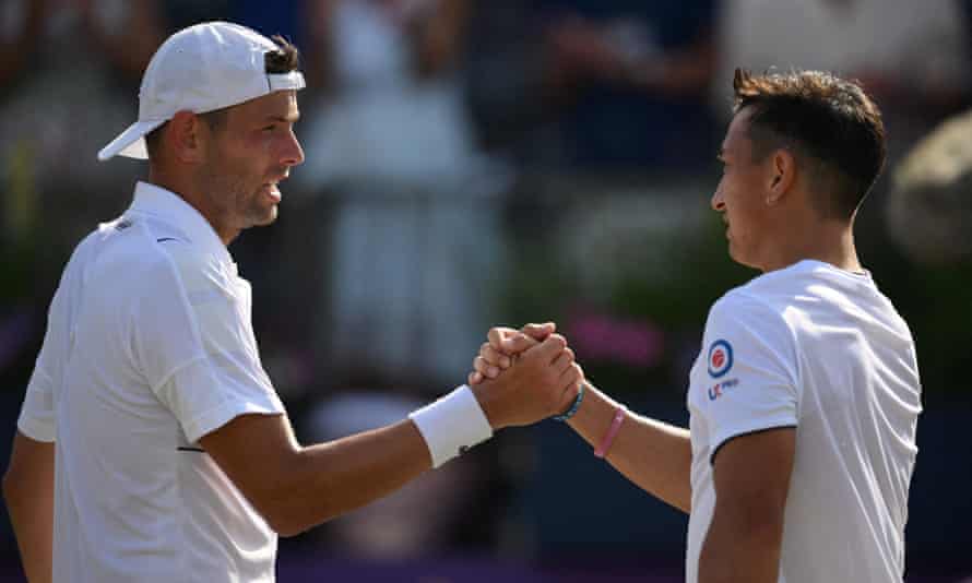 Ryan Peniston (right) congratulates Filip Krajinovic after the Serb’s comeback victory at Queen’s, 4-6, 6-3, 6-3.