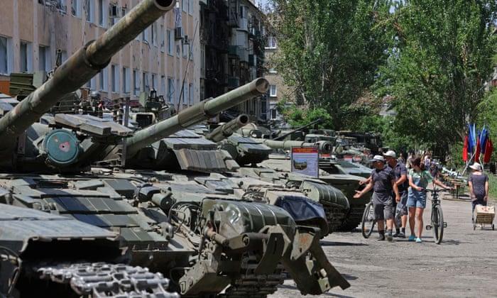 An exhibition of Ukrainian army hardware and weapons left in the city after its withdrawal from Lysychansk.
