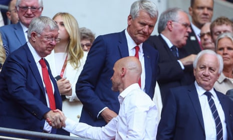 Sir Alex Ferguson shakes hands with Erik ten Hag after United’s defeat in the FA Cup final.