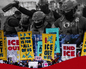 A composite image showing federal agents and protest signs