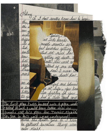 Composite of handwritten letters cut out in shape of person in prison
