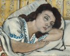Painting of a young woman with dark brown hair sleeping peacefully, showing her head, shoulders and arms as she rests on a white pillow; she wears a white nightgown with blue embroidery in a leaf-like pattern around the sleeves and collar and there is gold wallpaper with a striped floral pattern on the wall behind her bed.