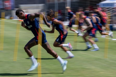 Marcus Rashford (left) leads the way in a Manchester United training session in California.