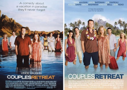 Couples Retreat: the US poster, left, with Faizon Love and Kalia Hawk, and the international version