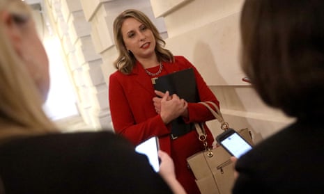 Katie Hill answers questions from reporters at the US Capitol following her final speech on the floor of the House of Representatives.