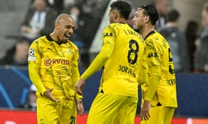Newcastle United FC v Borussia Dortmund: Group F - UEFA Champions League 2023/24<br>NEWCASTLE UPON TYNE, ENGLAND - OCTOBER 25: Felix Nmecha of Borussia Dortmund (C) celebrates with his teammates after scoring the 1-0 lead during the UEFA Champions League match between Newcastle United FC and Borussia Dortmund at St. James Park on October 25, 2023 in Newcastle upon Tyne, United Kingdom. (Photo by Hendrik Deckers/Borussia Dortmund via Getty Images)